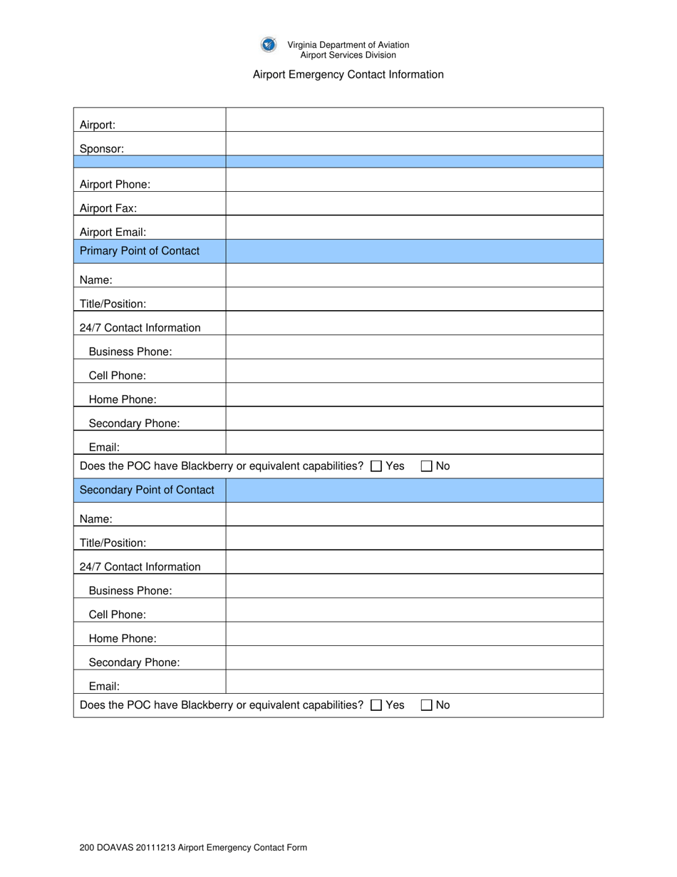 Airport Emergency Contact Information Form - Virginia, Page 1