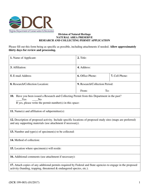 Form DCR199-003 Natural Area Preserve Research and Collecting Permit Application - Virginia