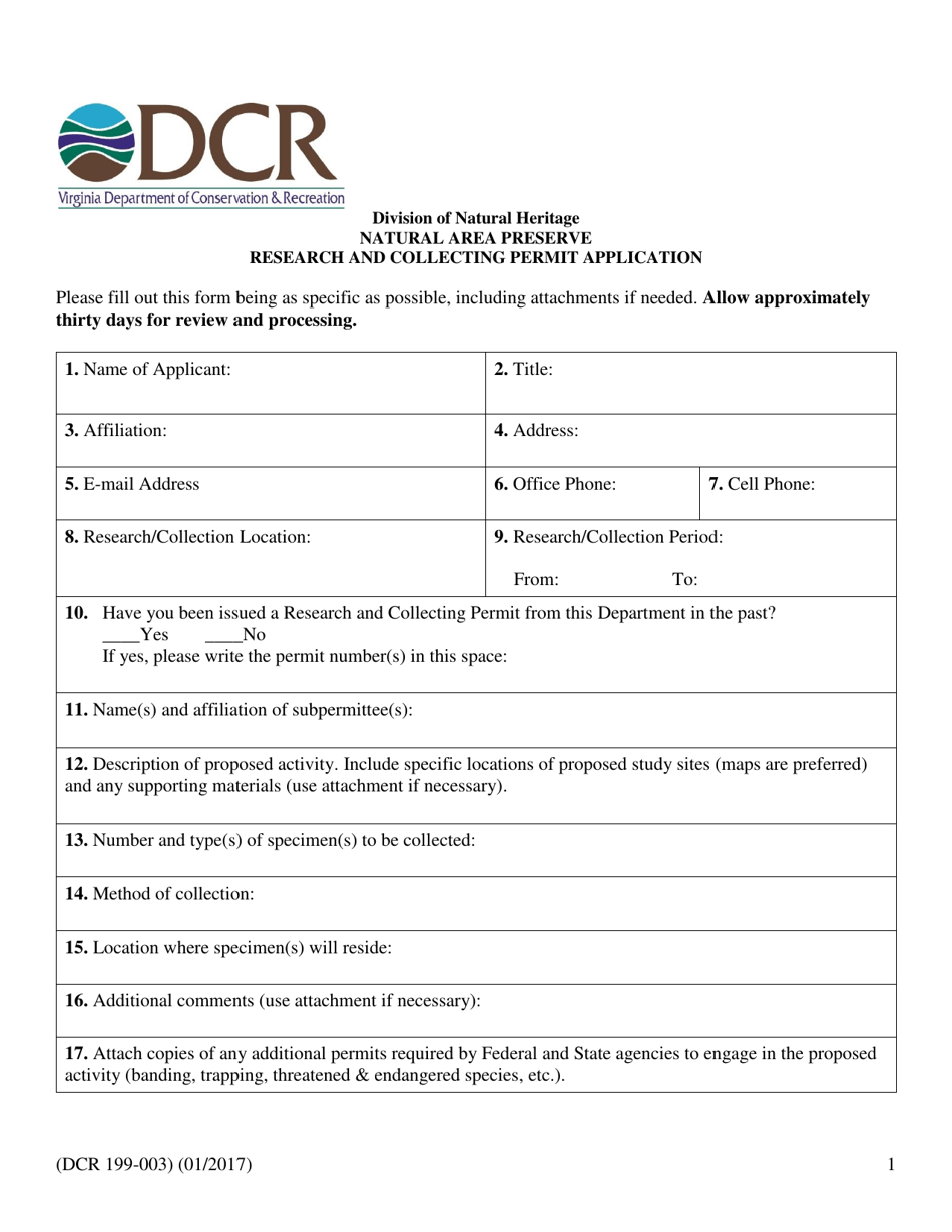 Form DCR199-003 Natural Area Preserve Research and Collecting Permit Application - Virginia, Page 1