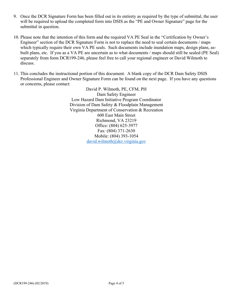 Form DCR199-246 Dcr Dam Safety  Floodplain Mgmt. Dsis Professional Engineer and Owner Signature Form - Virginia, Page 4
