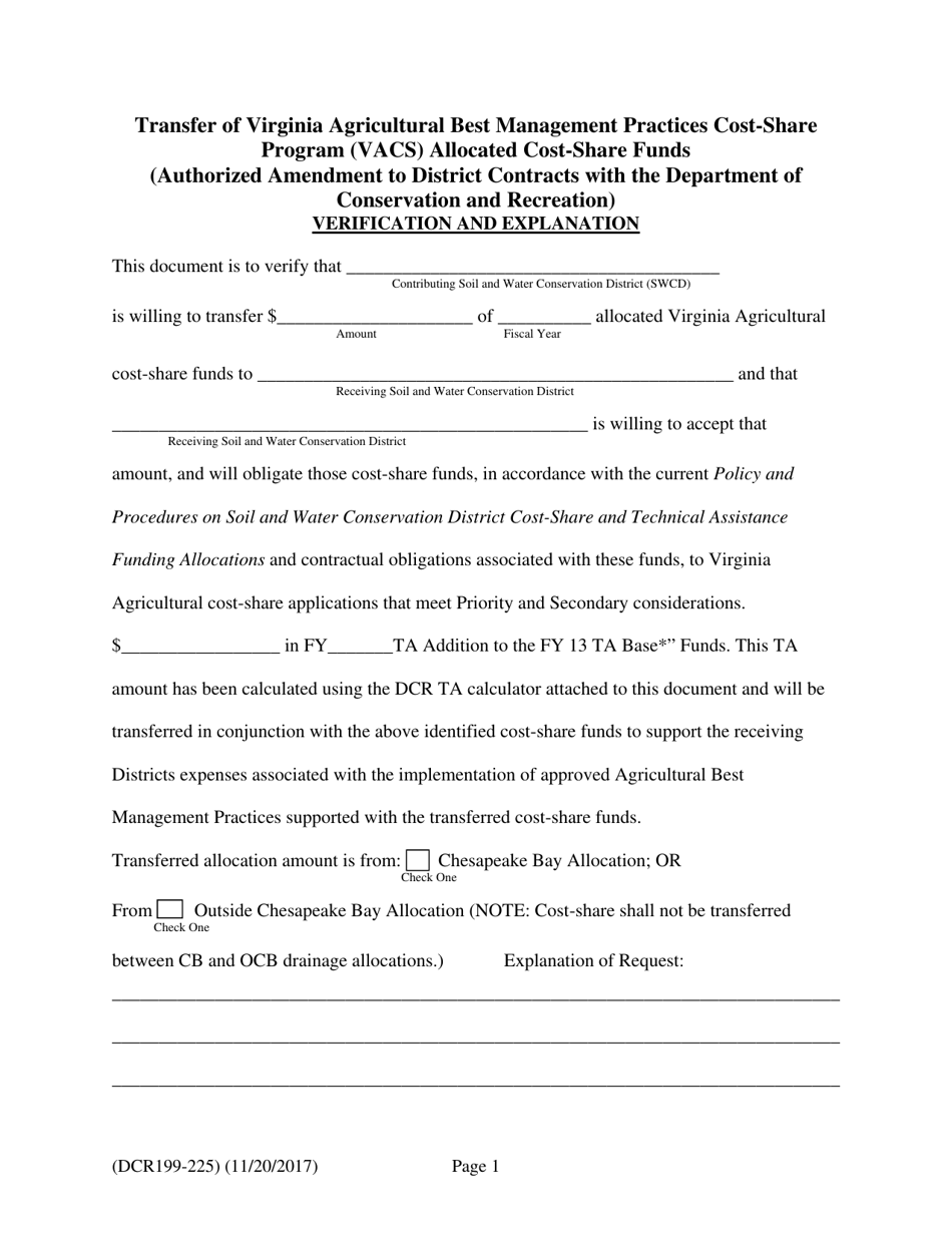Form DCR199-225 Transfer of Virginia Agricultural Best Management Practices Cost-Share Program (Vacs) Allocated Cost-Share Funds - Virginia, Page 1