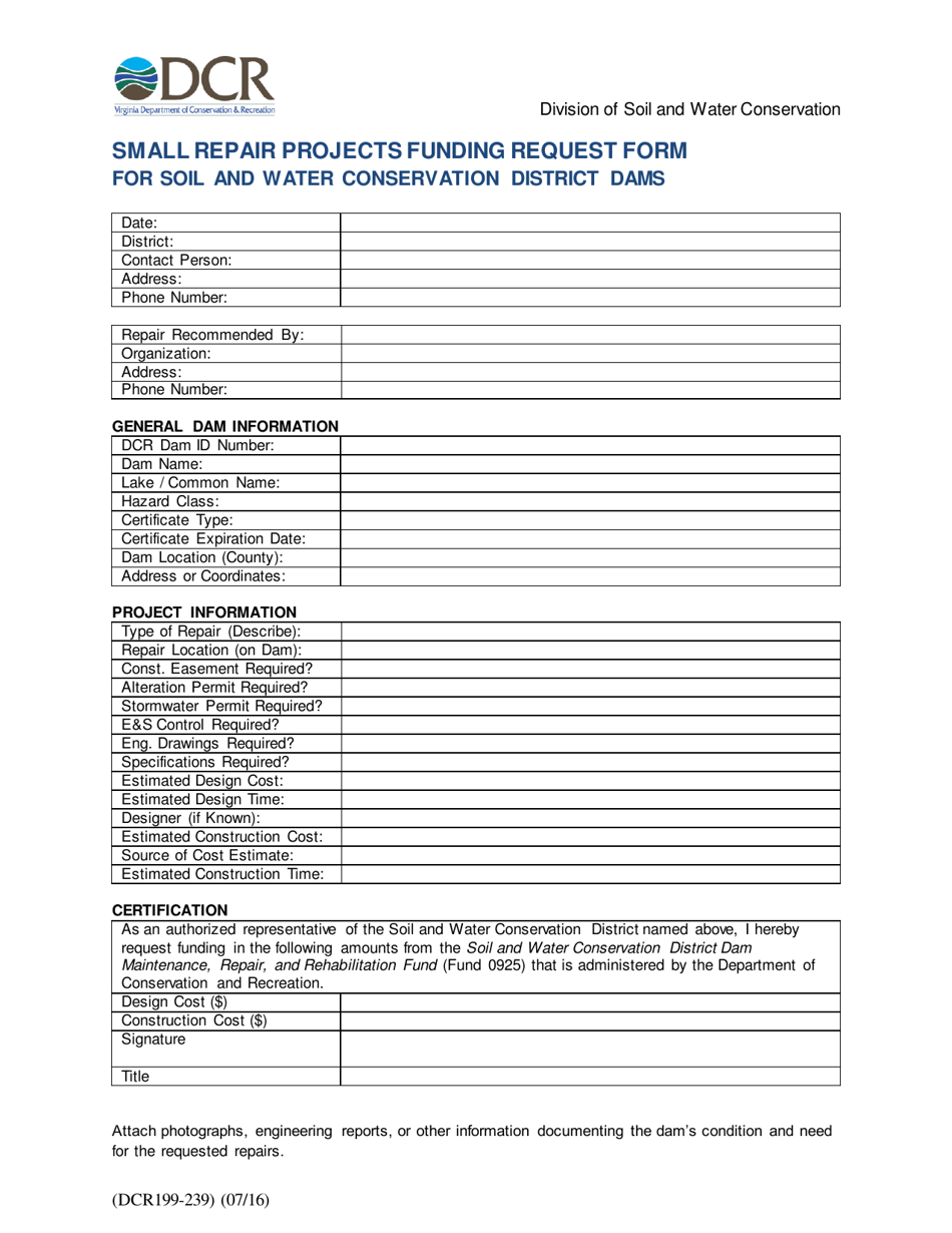 Form DCR199-239 Small Repair Projects Funding Request Form for Soil and Water Conservation District (Swcd) Dams - Virginia, Page 1