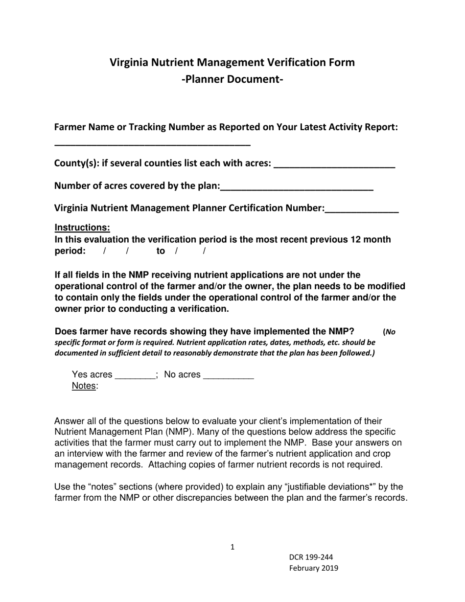 Form DCR199-244 Virginia Nutrient Management Verification Form - Virginia, Page 1
