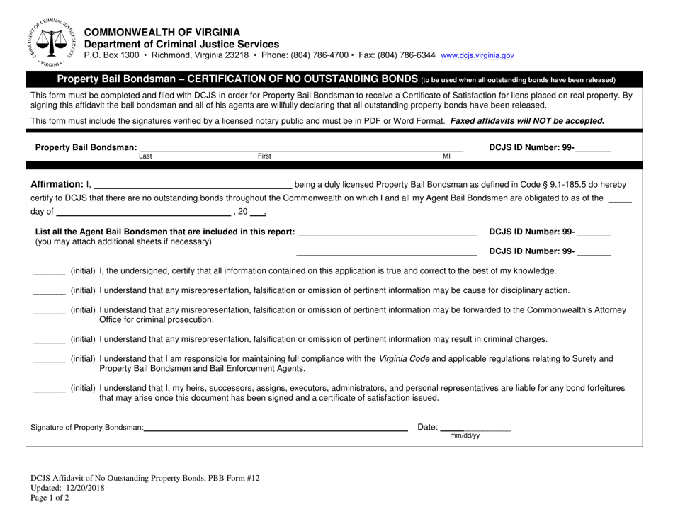 PBB Form 12 Certification of No Outstanding Bonds - Property Bail Bondsman - Virginia, Page 1