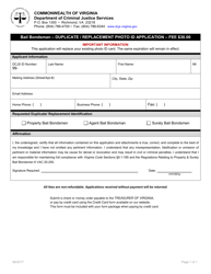 Document preview: Duplicate/Replacement Photo Id Application Form - Bail Bondsman - Virginia