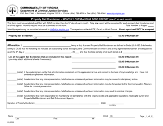 Document preview: Monthly Outstanding Bond Report Form - Property Bail Bondsman - Virginia