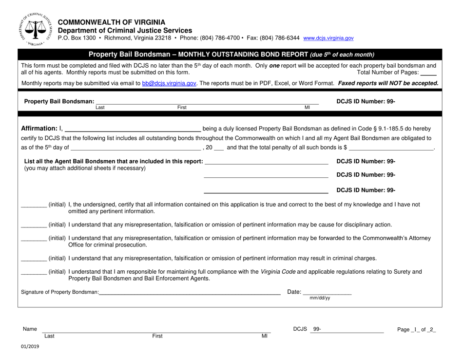 Monthly Outstanding Bond Report Form - Property Bail Bondsman - Virginia, Page 1