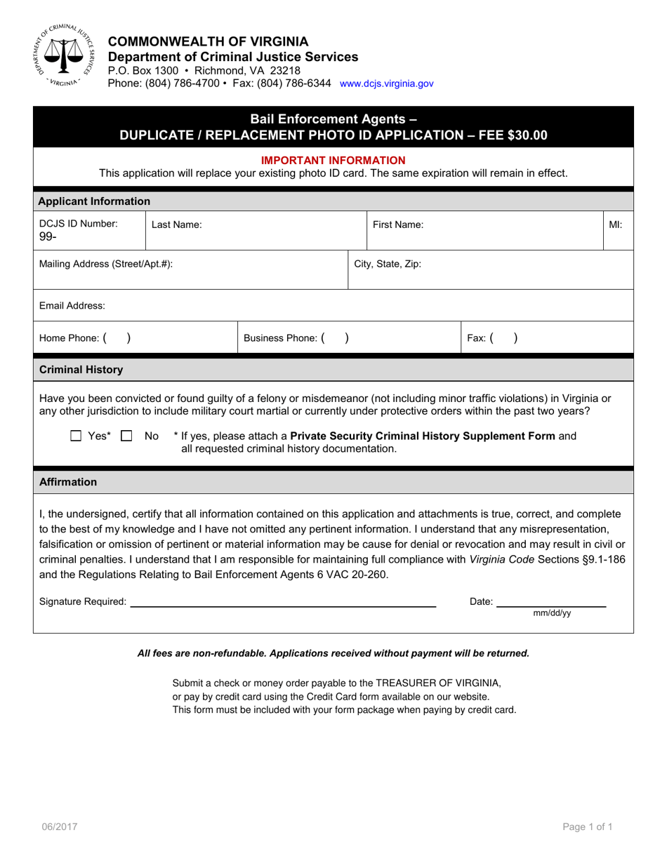 Duplicate / Replacement Photo Id Application Form - Bail Enforcement Agents - Virginia, Page 1