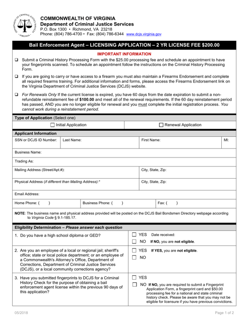 Bail Enforcement Agent License Application Form - Virginia Download Pdf