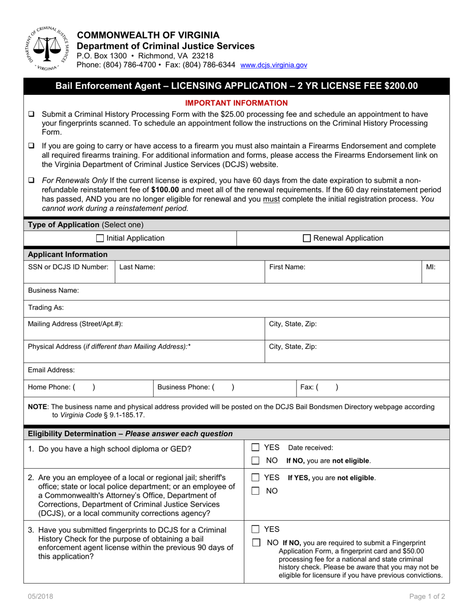 Bail Enforcement Agent License Application Form - Virginia, Page 1