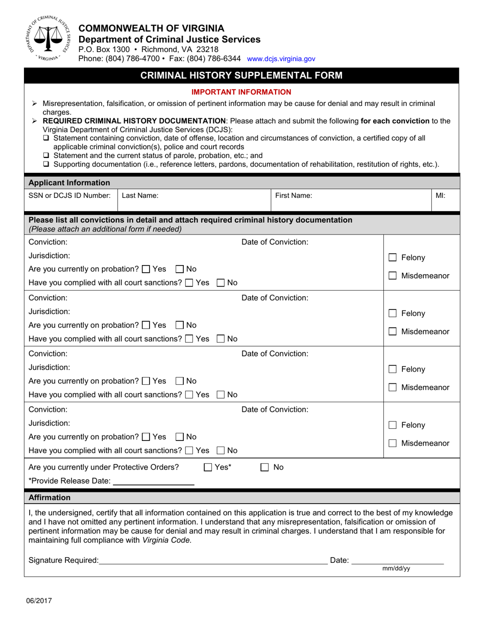 Virginia Criminal History Supplemental Form Fill Out, Sign Online and
