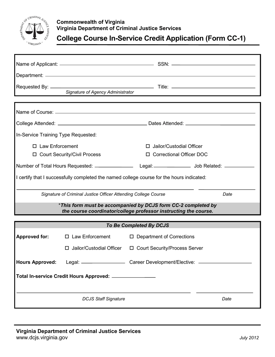 Form CC-1 College Course In-Service Credit Application - Virginia, Page 1