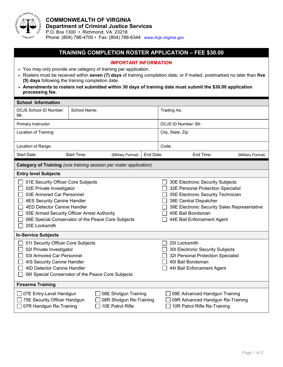 Training Completion Roster Application Form - Virginia, Page 1