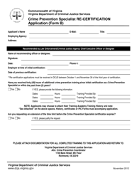 Form B &quot;Crime Prevention Specialist Re-certification Application&quot; - Virginia