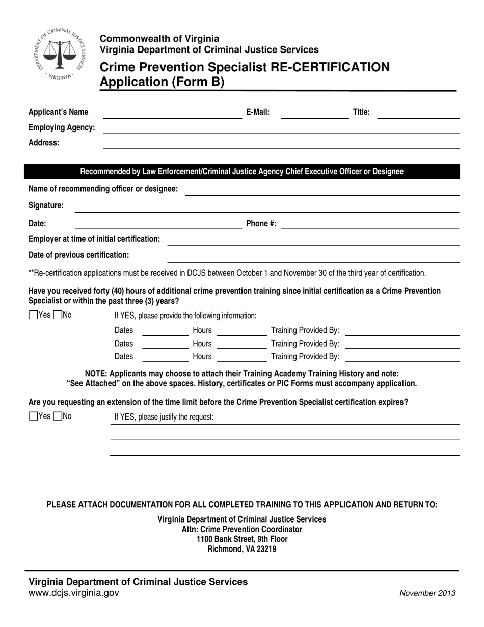 Form B Crime Prevention Specialist Re-certification Application - Virginia, Page 1