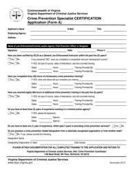 Form A &quot;Crime Prevention Specialist Certification Application&quot; - Virginia