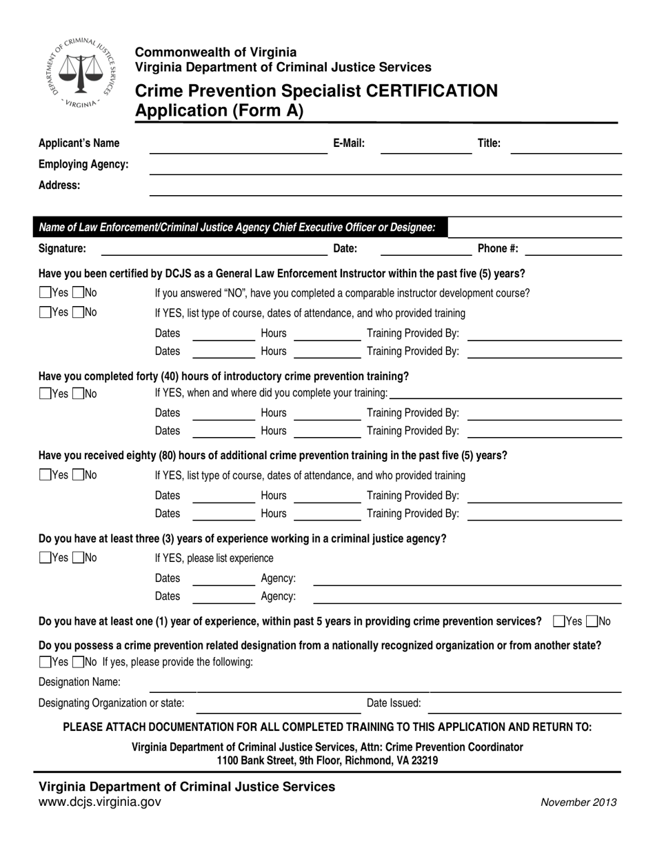 Form A Crime Prevention Specialist Certification Application - Virginia, Page 1