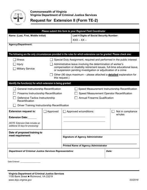 Form TE-2 Request for Training Extension Ii - Virginia