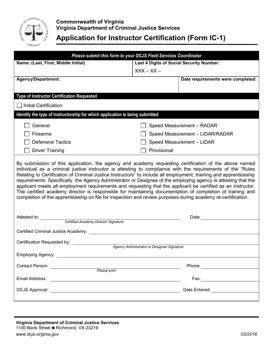 Form IC-1 Application for Instructor Certification - Virginia, Page 1