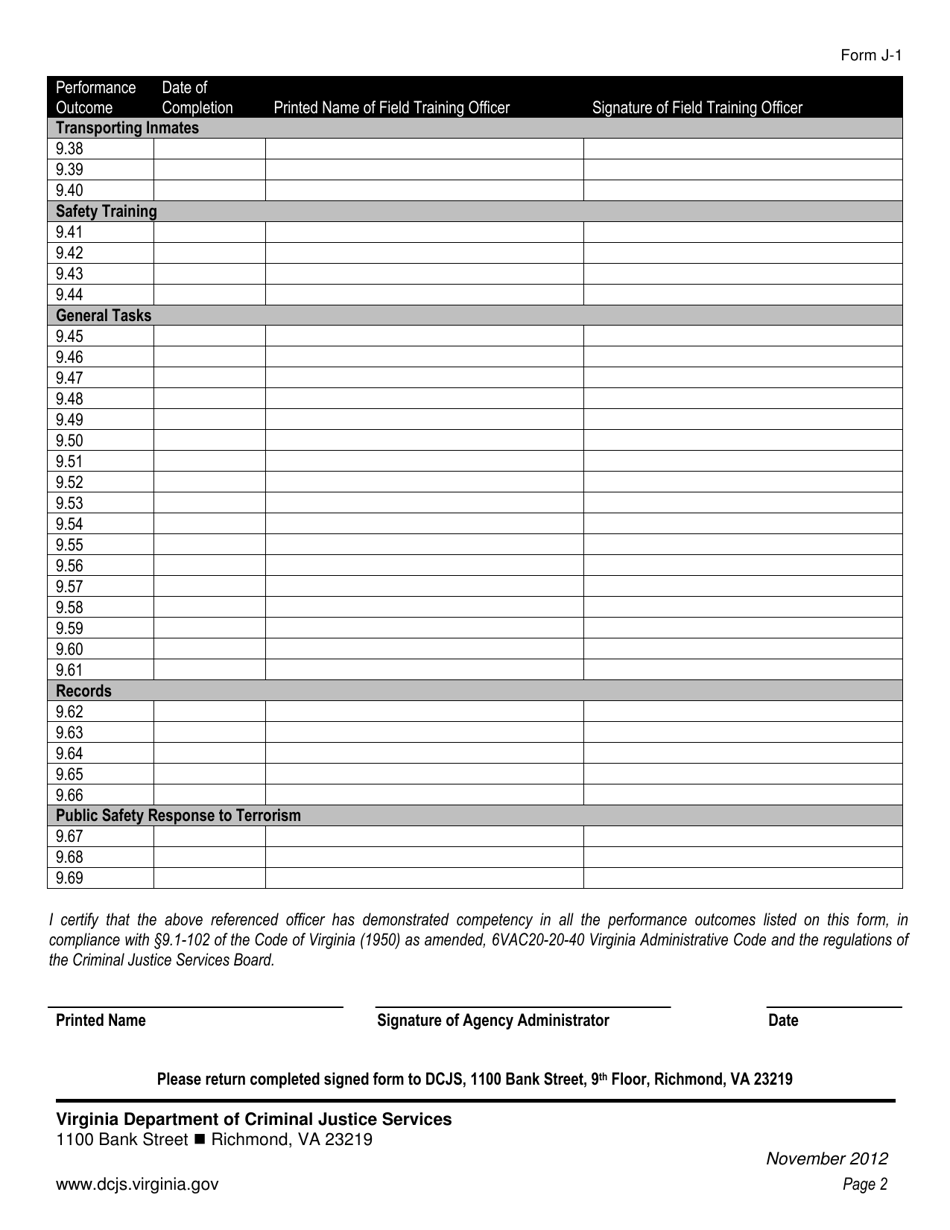 Form J-1 Field Training for Jail Deputies and Officers - Virginia, Page 2