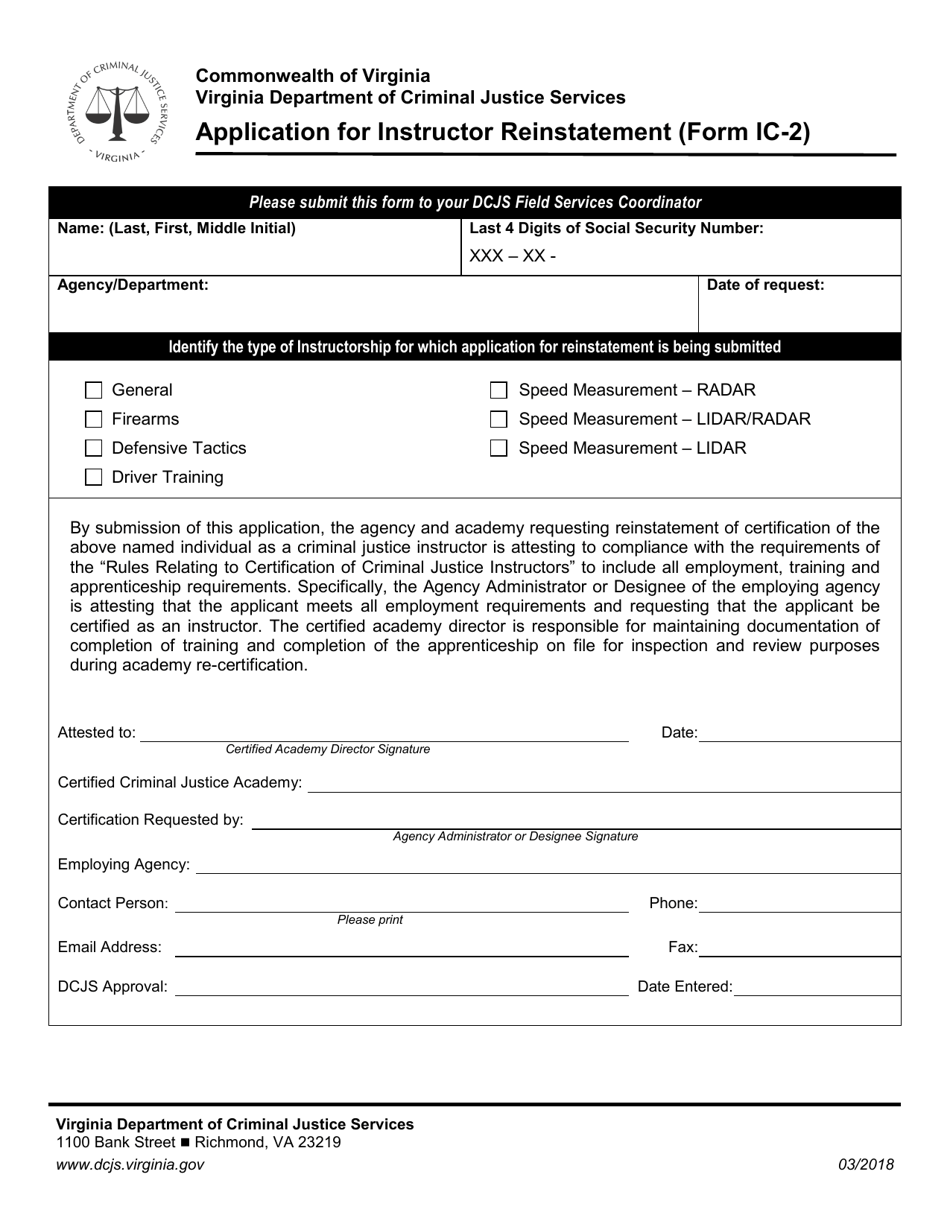 Form IC-2 Application for Instructor Reinstatement - Virginia, Page 1