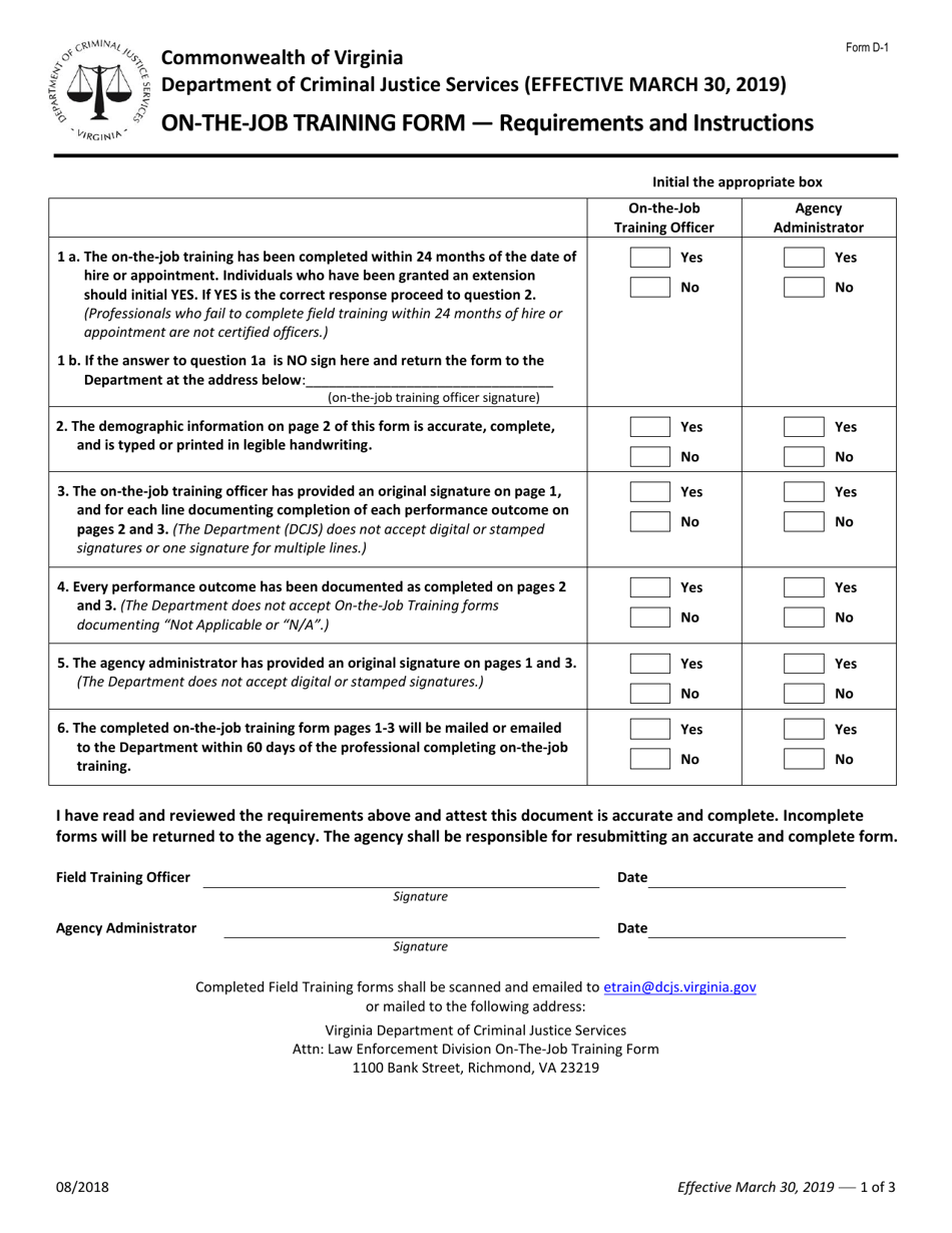 Form D-1 On-The-Job Training Form - Virginia, Page 1
