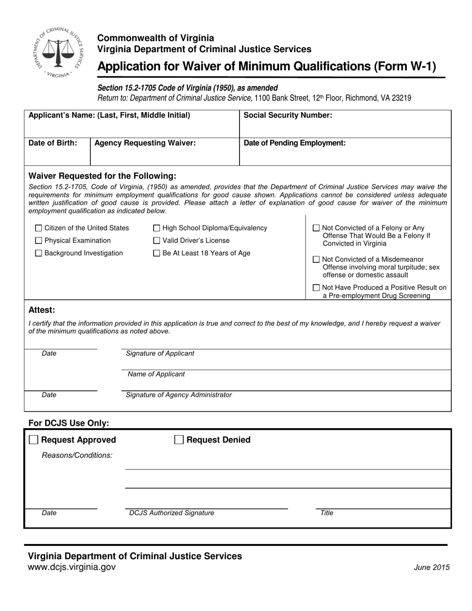 Form W-1 Application for Waiver of Minimum Qualifications - Virginia, Page 1
