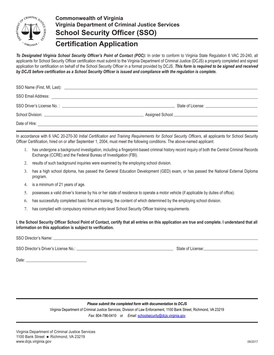 Certification Application Form - School Security Officer (Sso) - Virginia, Page 1