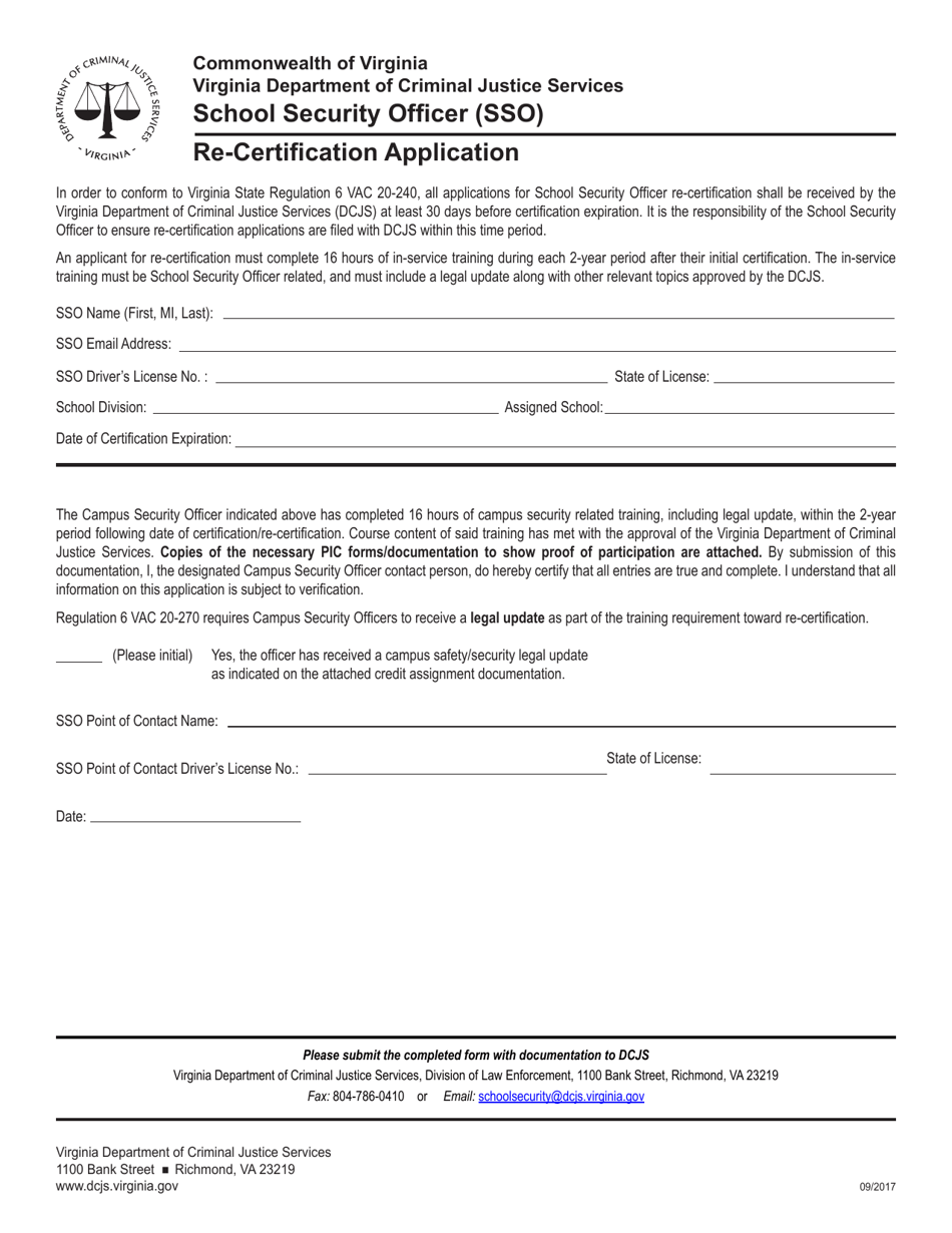 Re-certification Application Form - School Security Officer (Sso) - Virginia, Page 1
