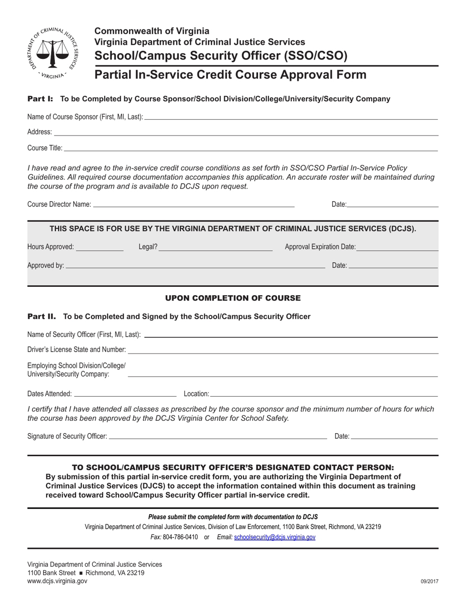 Partial In-Service Credit Course Approval Form - School / Campus Security Officer (Sso / Cso) - Virginia, Page 1