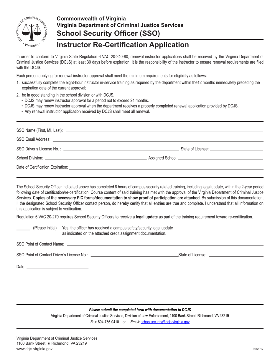 Instructor Re-certification Application Form - School Security Officer (Sso) - Virginia, Page 1