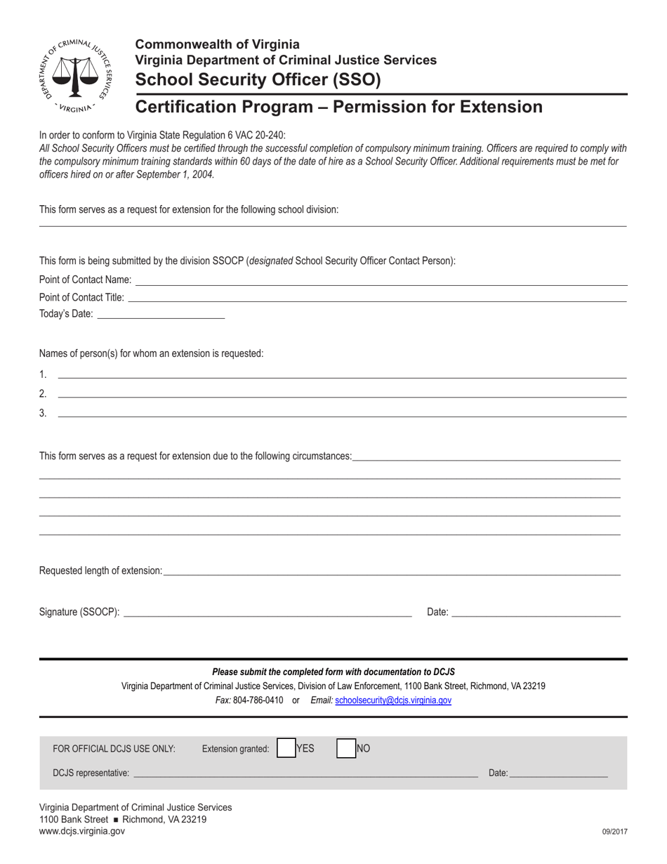 Extension Request Form - Certification Program - School Security Officer (Sso) - Virginia, Page 1