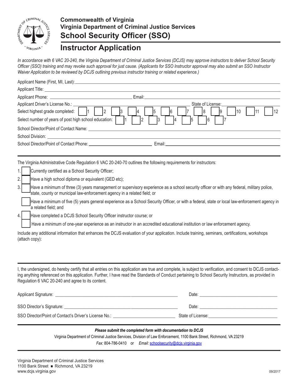 Instructor Application Form - School Security Officer (Sso) - Virginia, Page 1