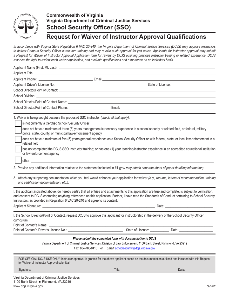 Request for Waiver of Instructor Approval Qualifications - School Security Officer (Sso) - Virginia, Page 1