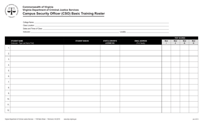 Document preview: Basic Training Roster (14 X 8.5) - Campus Security Officer (Cso) - Virginia