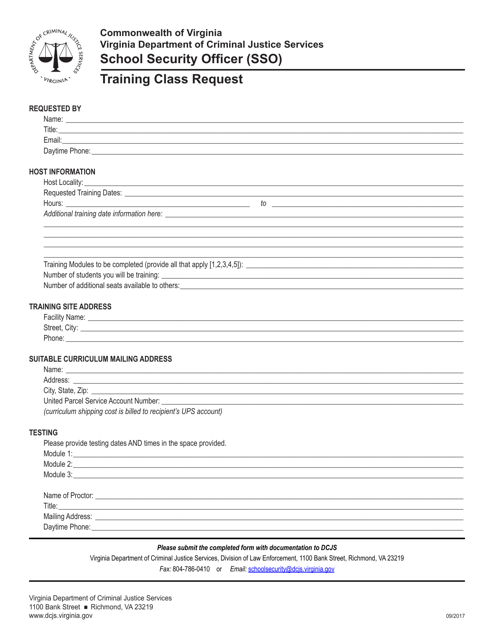 Training Class Request Form - School Security Officer (Sso) - Virginia Download Pdf