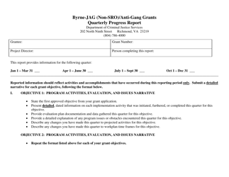 Quarterly Progress Report Form - Byrne-Jag (Non-sro)/Anti-gang Grants - Virginia