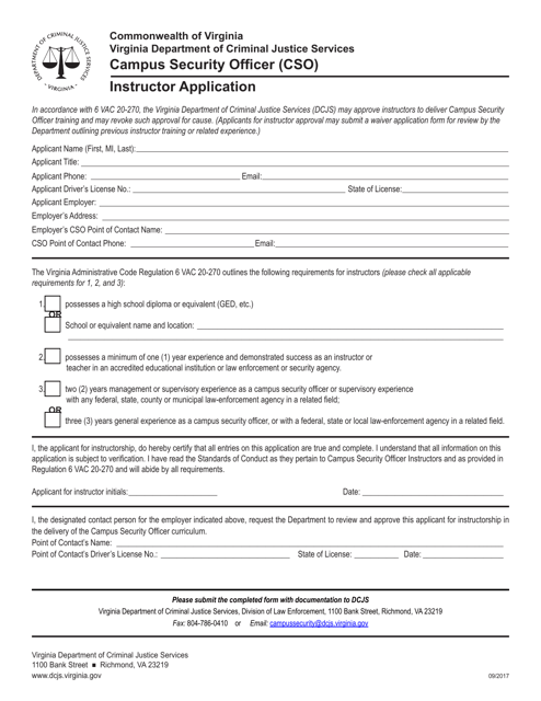 Instructor Application Form - Campus Security Officer (Cso) - Virginia Download Pdf