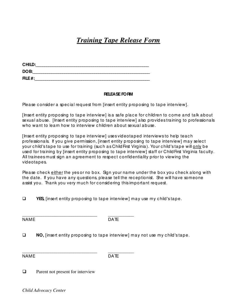 Training Tape Release Form - Child Advocacy Center - Virginia, Page 1