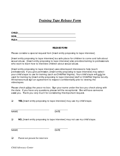 Training Tape Release Form - Child Advocacy Center - Virginia Download Pdf