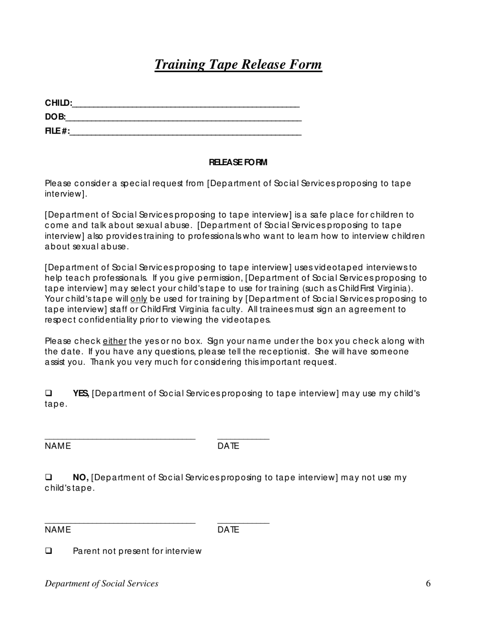 Training Tape Release Form - Department of Social Services - Virginia, Page 1
