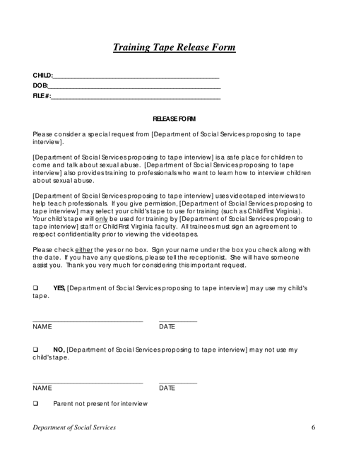 Training Tape Release Form - Department of Social Services - Virginia Download Pdf
