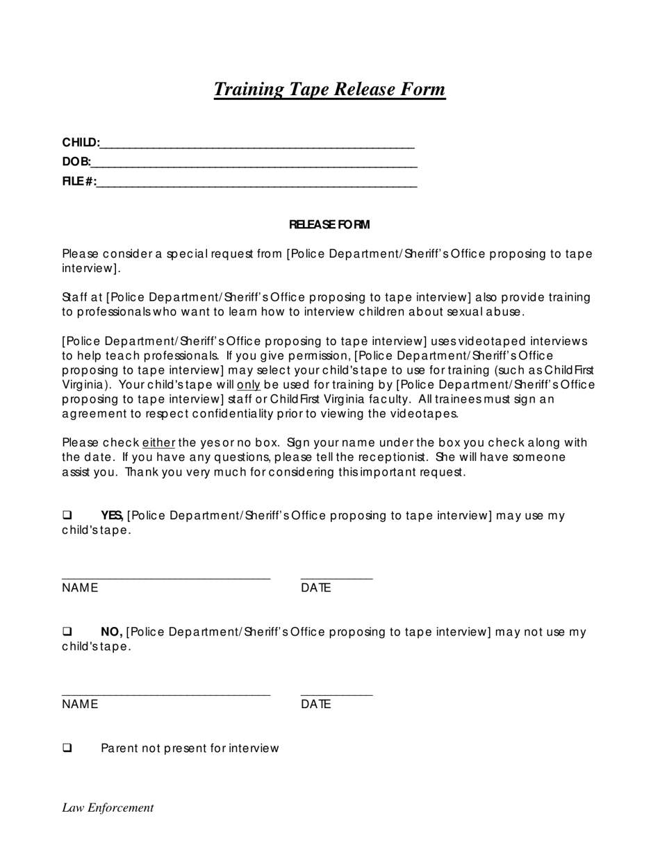 Training Tape Release Form - Law Enforcement - Virginia, Page 1