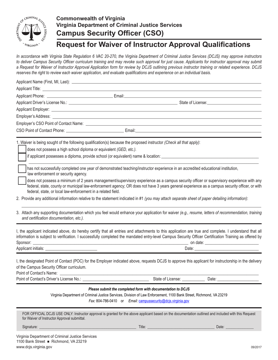 Request for Waiver of Instructor Approval Qualifications - Campus Security Officer (Cso) - Virginia, Page 1