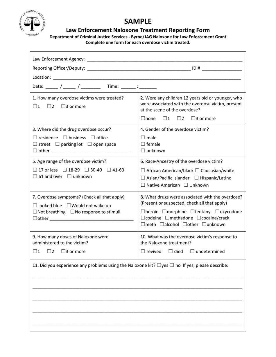 Sample Law Enforcement Naloxone Treatment Reporting Form - Virginia, Page 1
