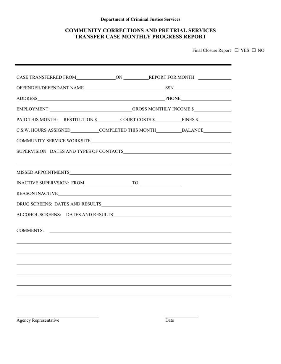 Community Corrections and Pretrial Services Transfer Case Monthly Progress Report Form - Virginia, Page 1