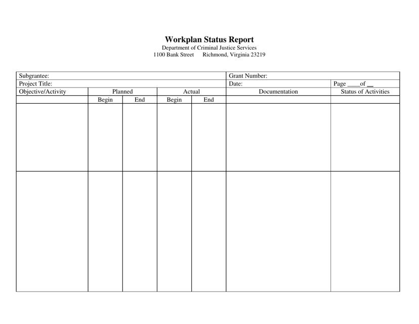 Workplan Status Report Form - Virginia Download Pdf