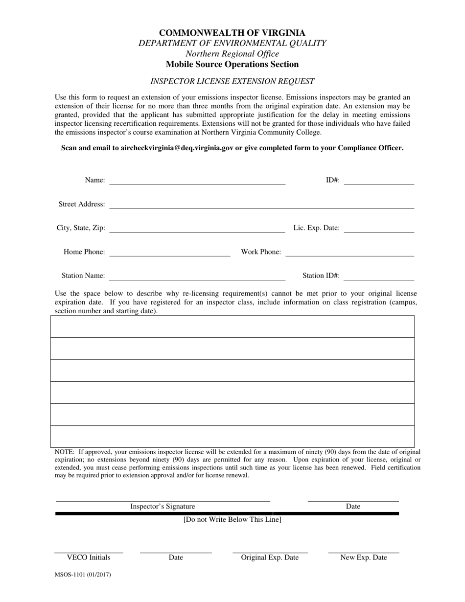 Form MSOS-1101 Inspector License Extension Request - Virginia, Page 1