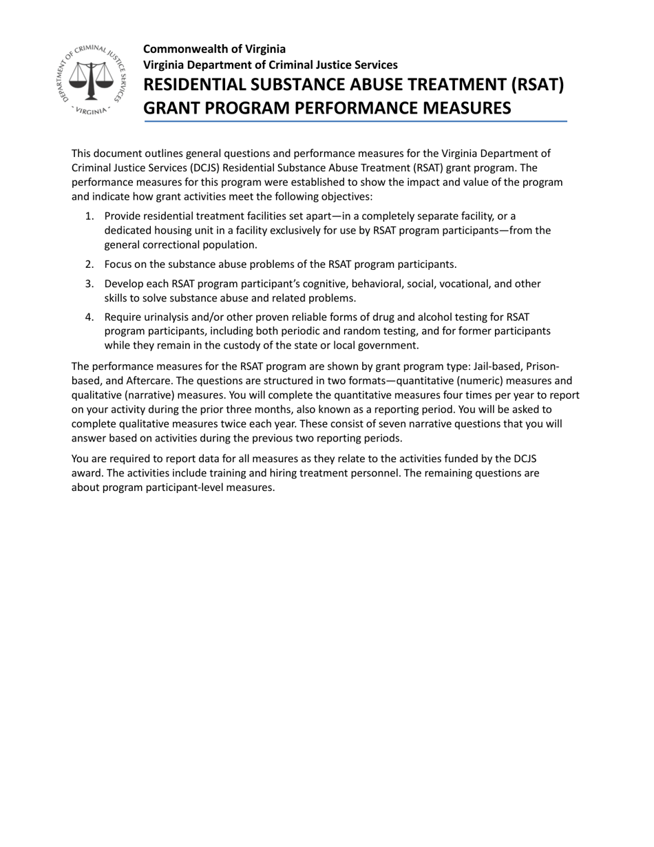 Residential Substance Abuse Treatment (Rsat) Grant Program Performance Measures - Virginia, Page 1