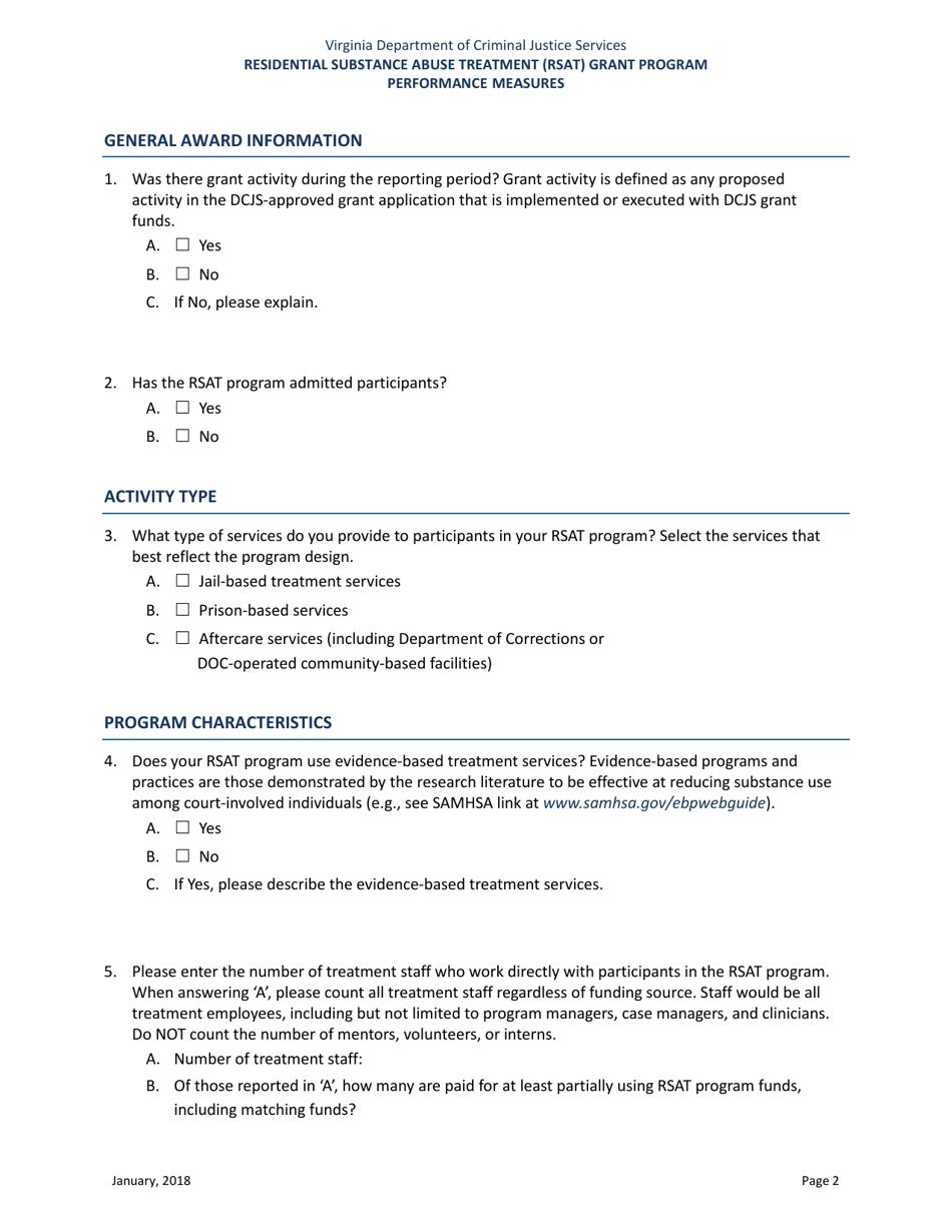 Residential Substance Abuse Treatment (Rsat) Grant Program Performance Measures - Virginia, Page 2